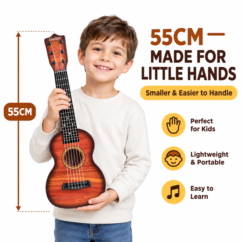 Kids beginner guitar size reference with childs hands