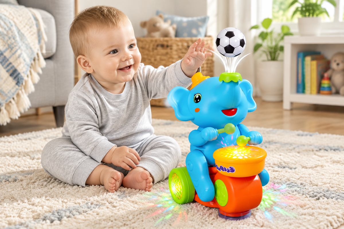 Toddler playing with an interactive musical elephant toy