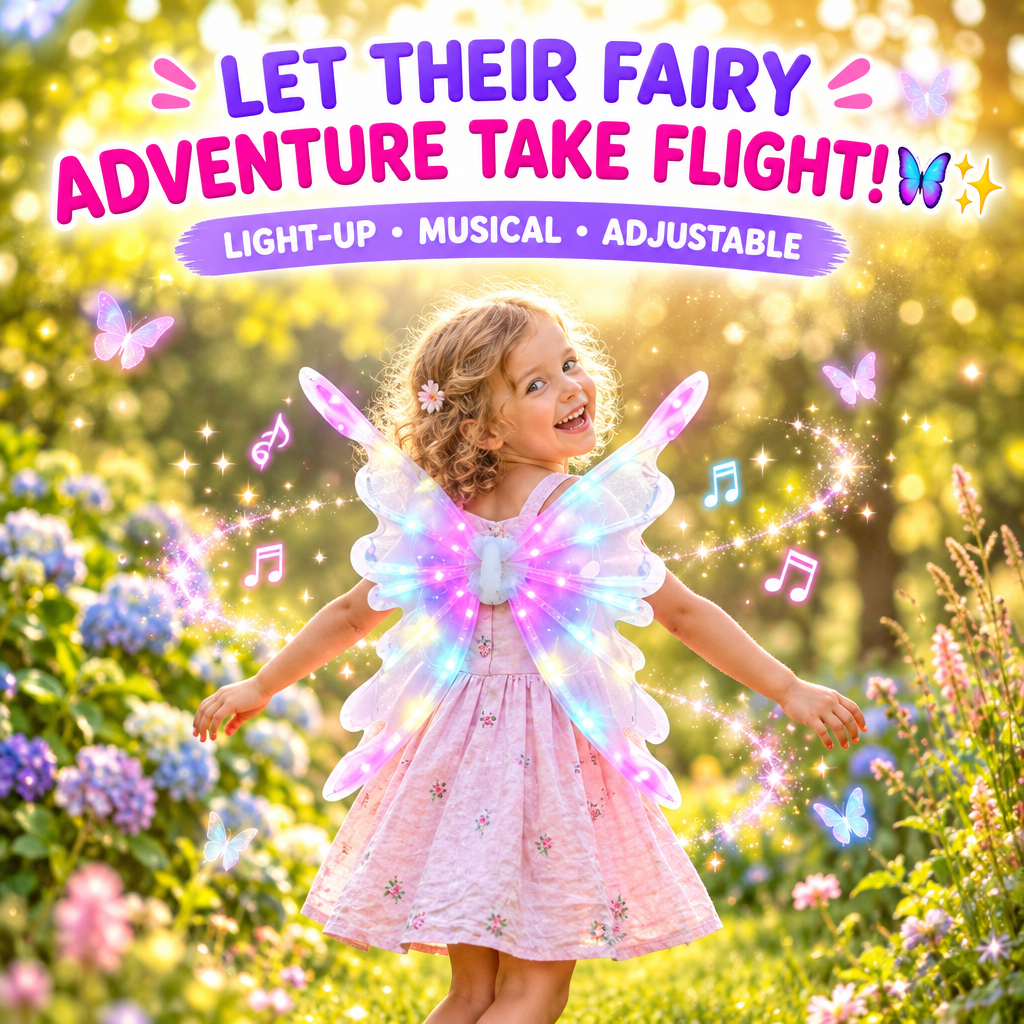 Child wearing light-up butterfly fairy wings