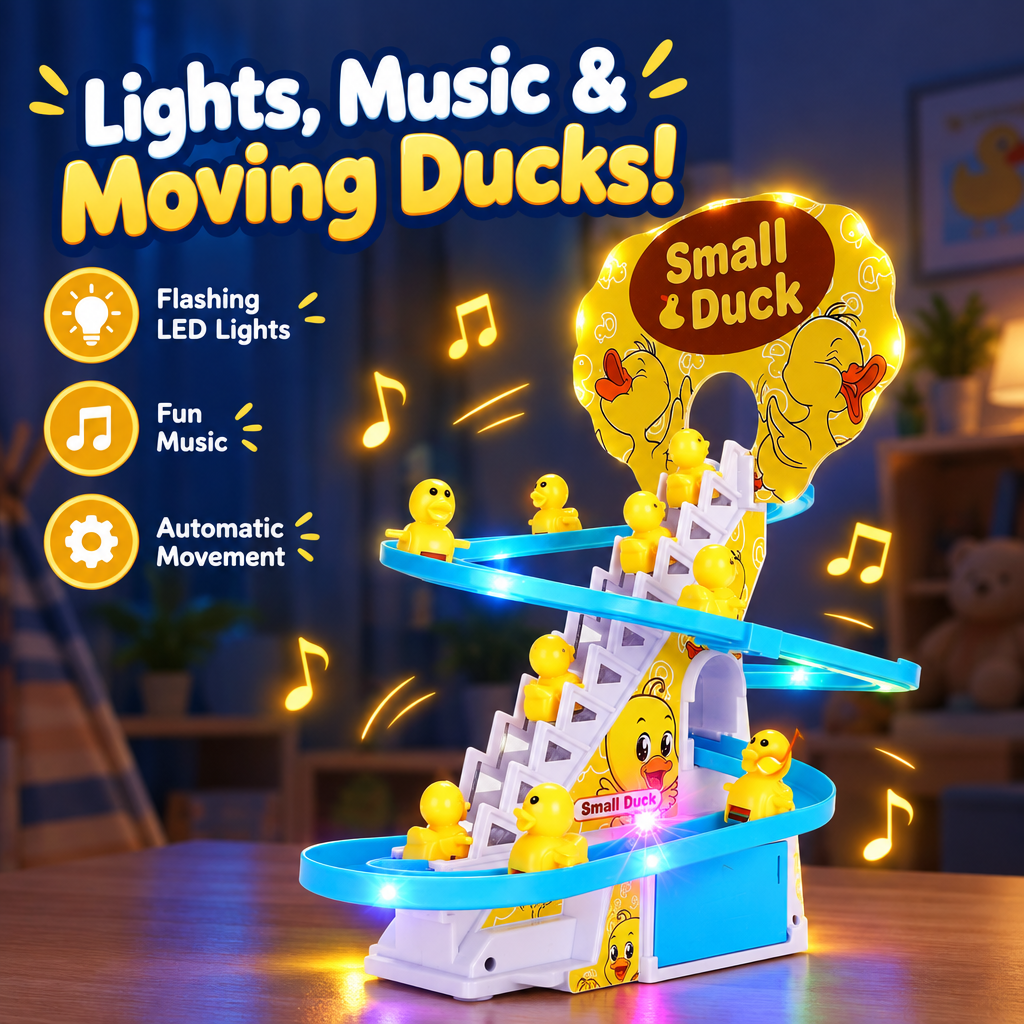 Duck climbing toy with flashing LED lights and music