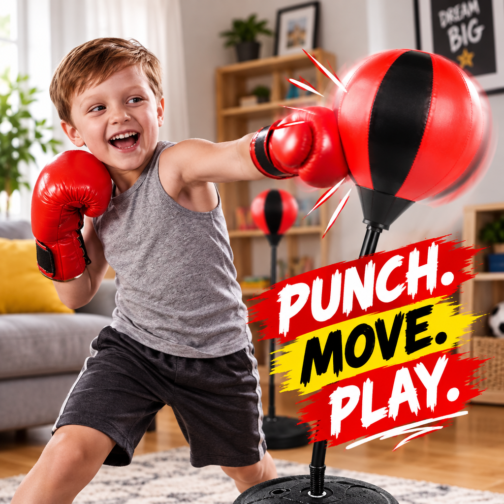 Child punching a kids punching bag with boxing gloves