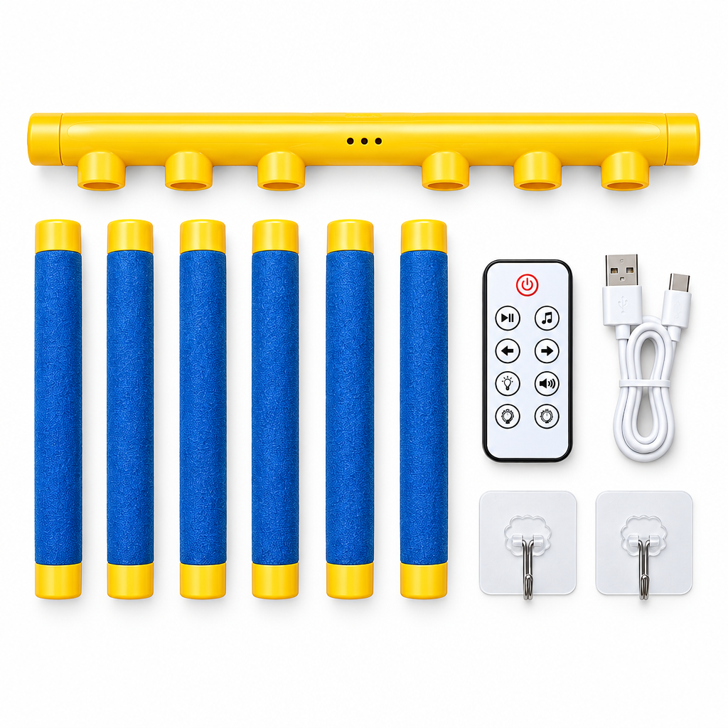 Hand Speed Challenge reaction game with foam rods and remote control on white background