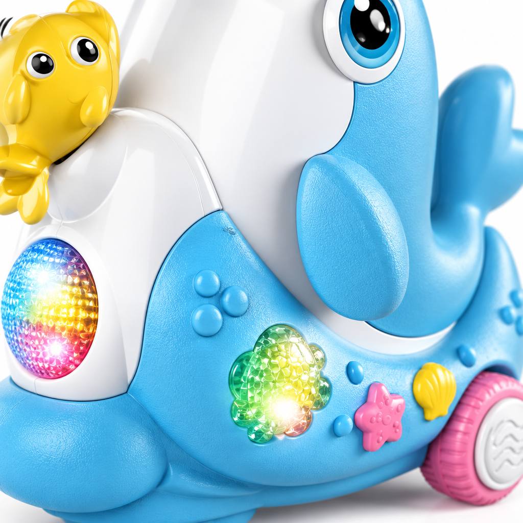 Close-up detail of interactive dolphin toy lights and texture