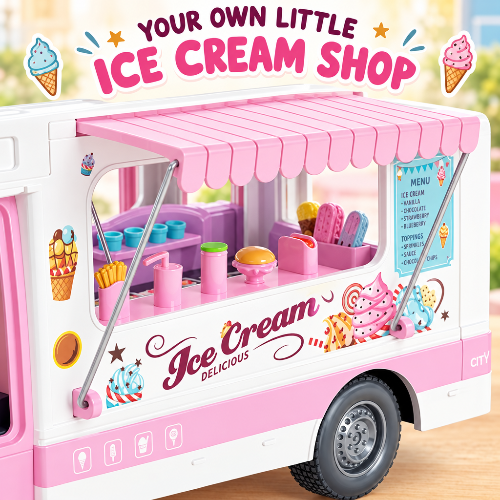 Ice cream van toy interior with menu board accessories counter and serving hatch