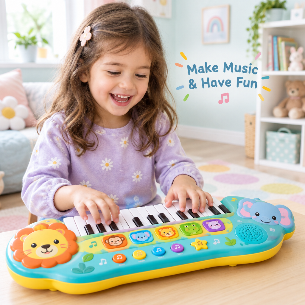 Child playing a 24-key electronic keyboard toy