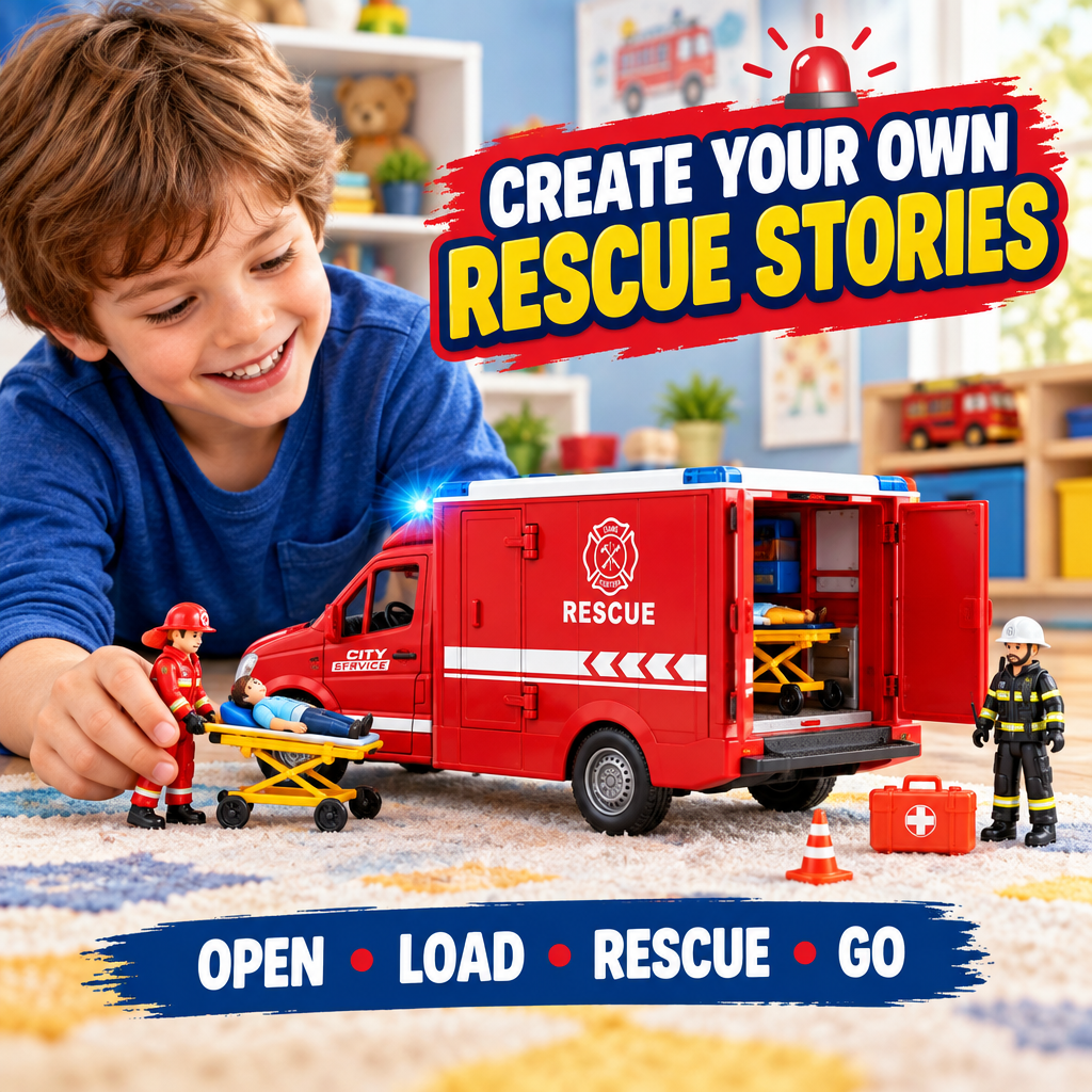 Child playing with die-cast ambulance toy rescue scenario