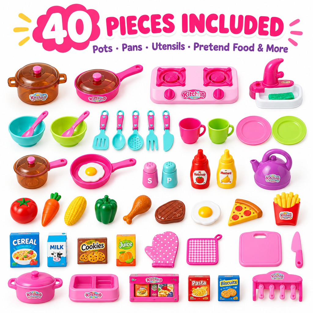 Kids kitchen playset 40 pieces flat lay