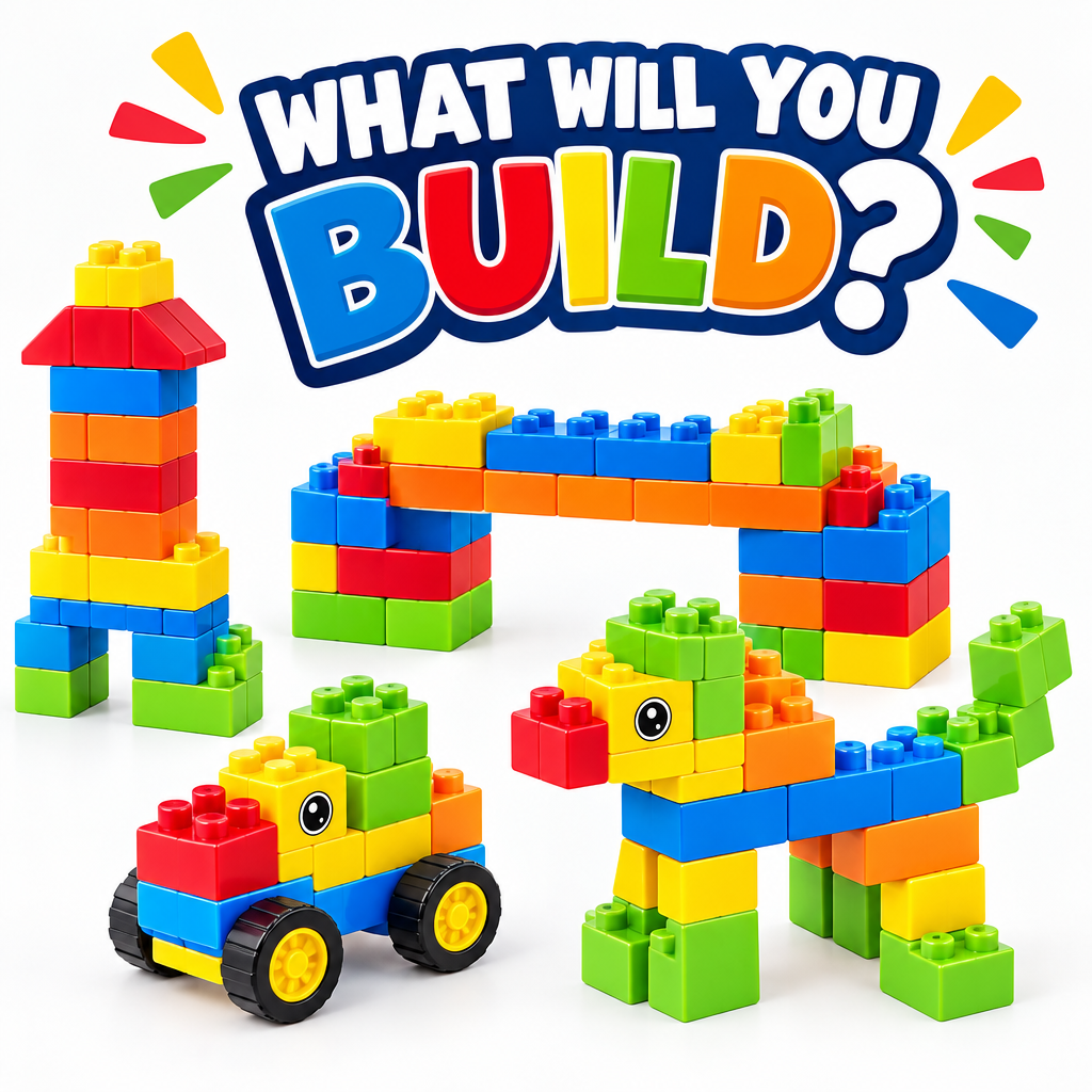 Child playing and building with a colourful 173-piece construction block set