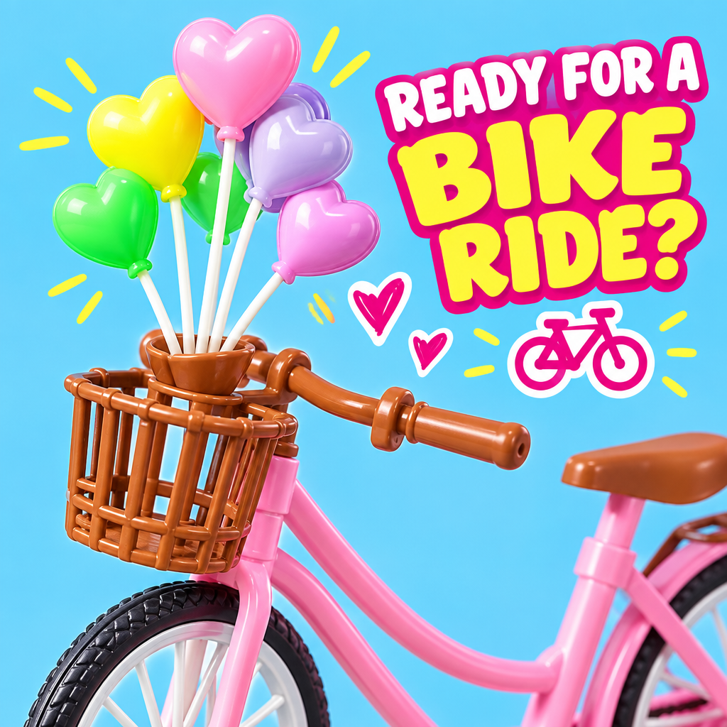 Pink bicycle with basket and balloon accessories