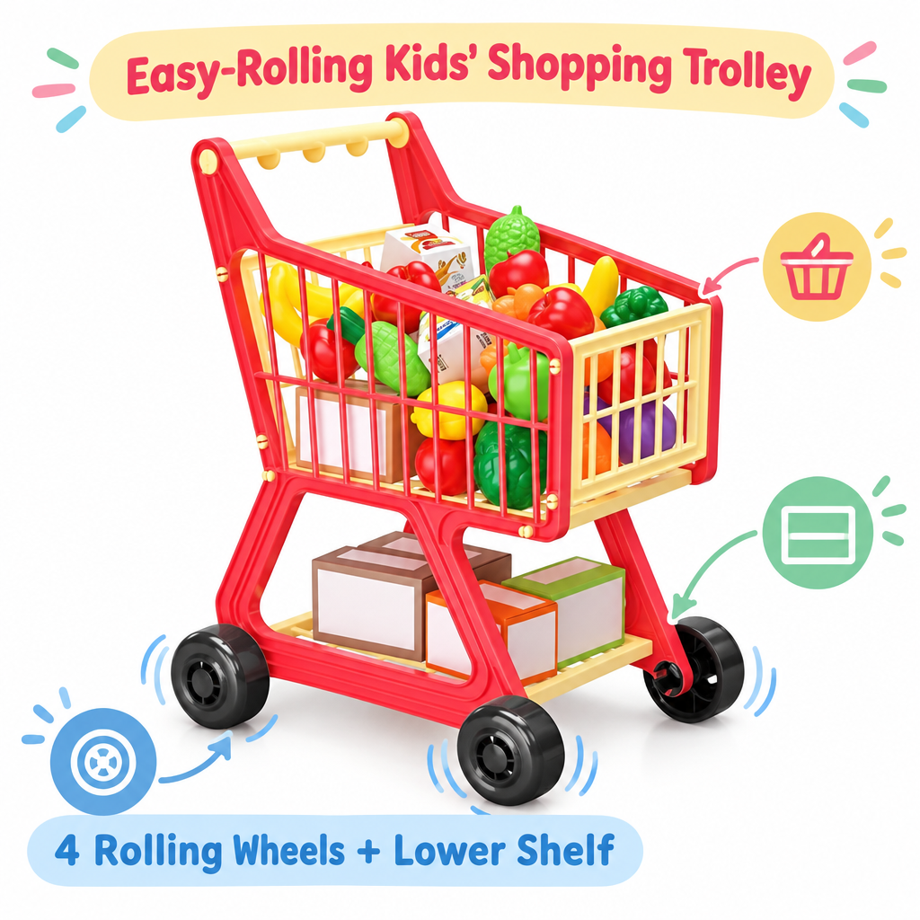 Kids shopping trolley with 4 rolling wheels and lower shelf