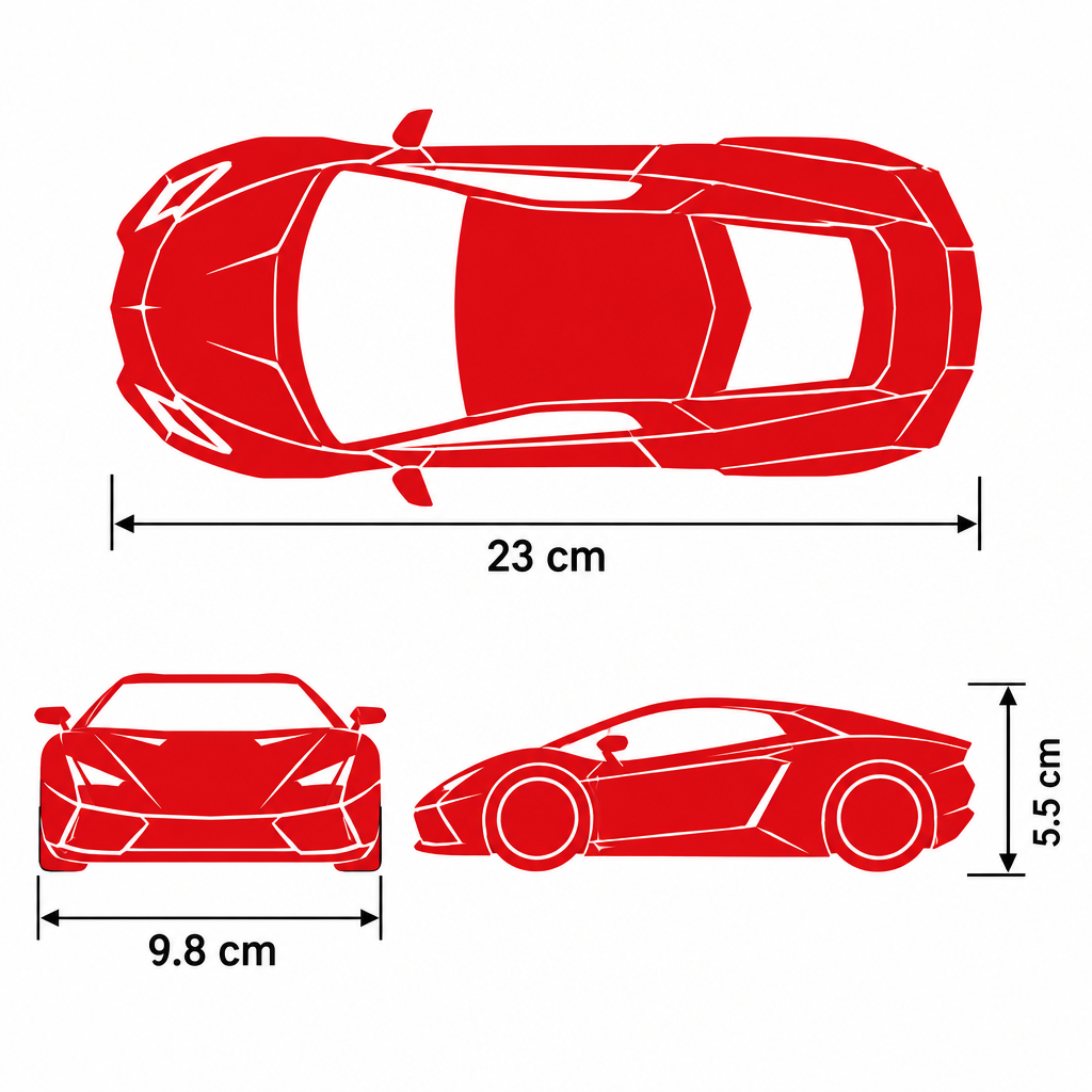 RC supercar dimensions: 23 centimetres long, 9.8 centimetres wide and 5.5 centimetres high