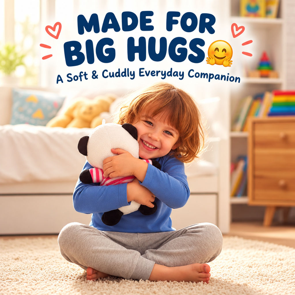 Child hugging cute panda plush toy