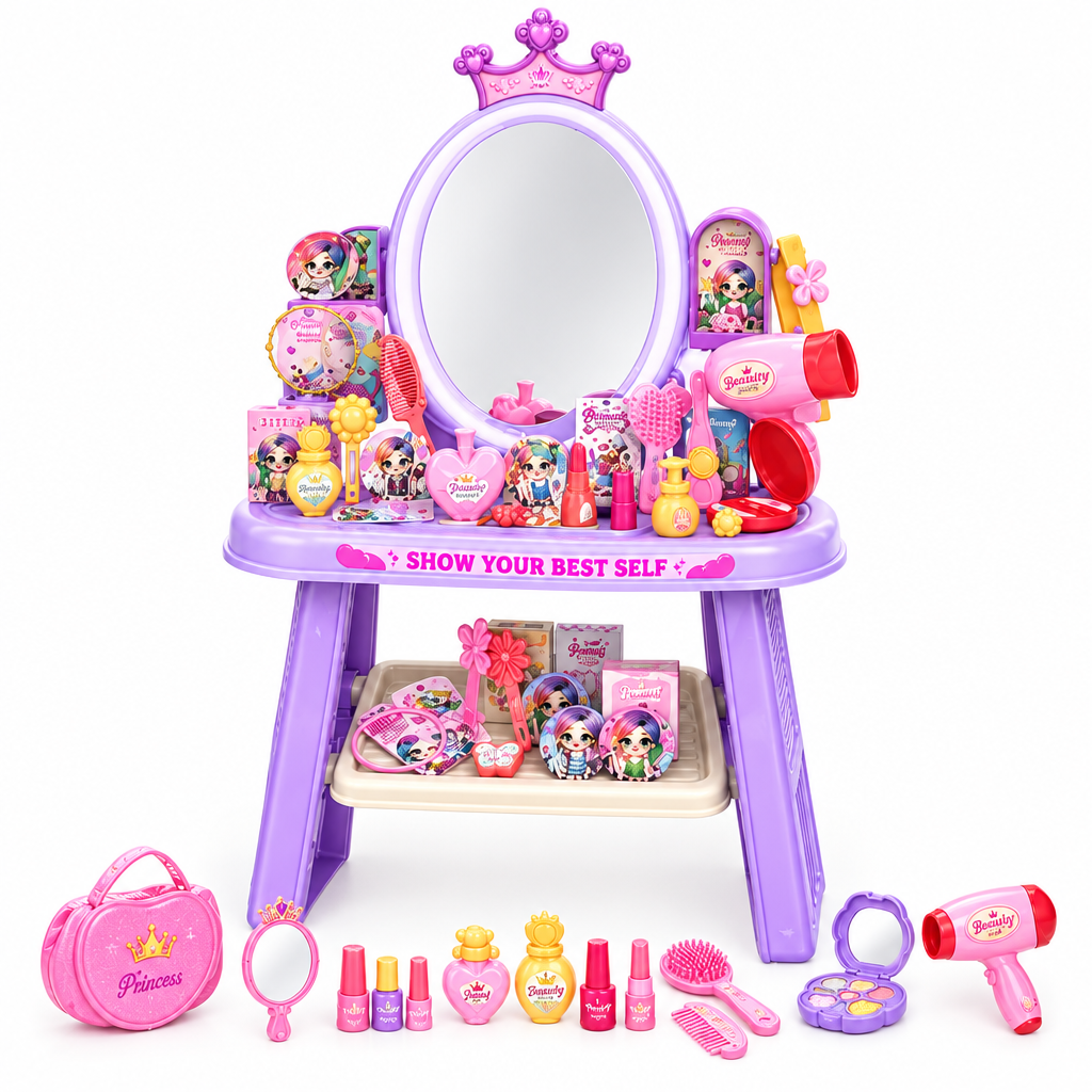 Kids crown dressing table with pretend beauty accessories on a white background