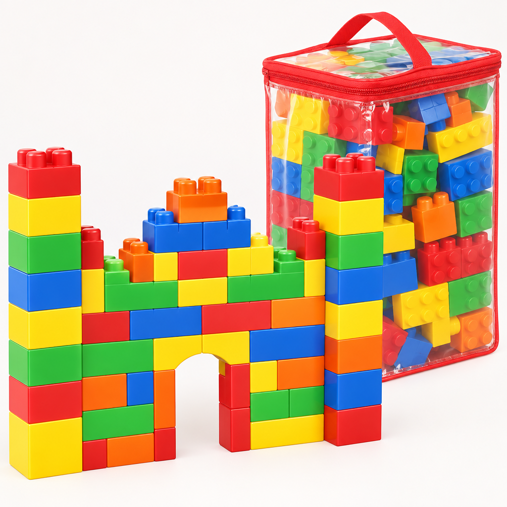 Colourful castle built with 22-piece jumbo building blocks for toddlers