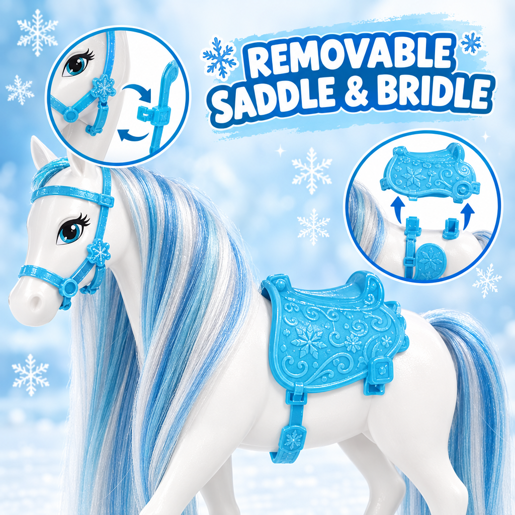 White horse with removable blue saddle and bridle