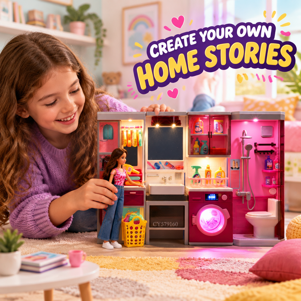 Child playing with dollhouse playset and fashion doll