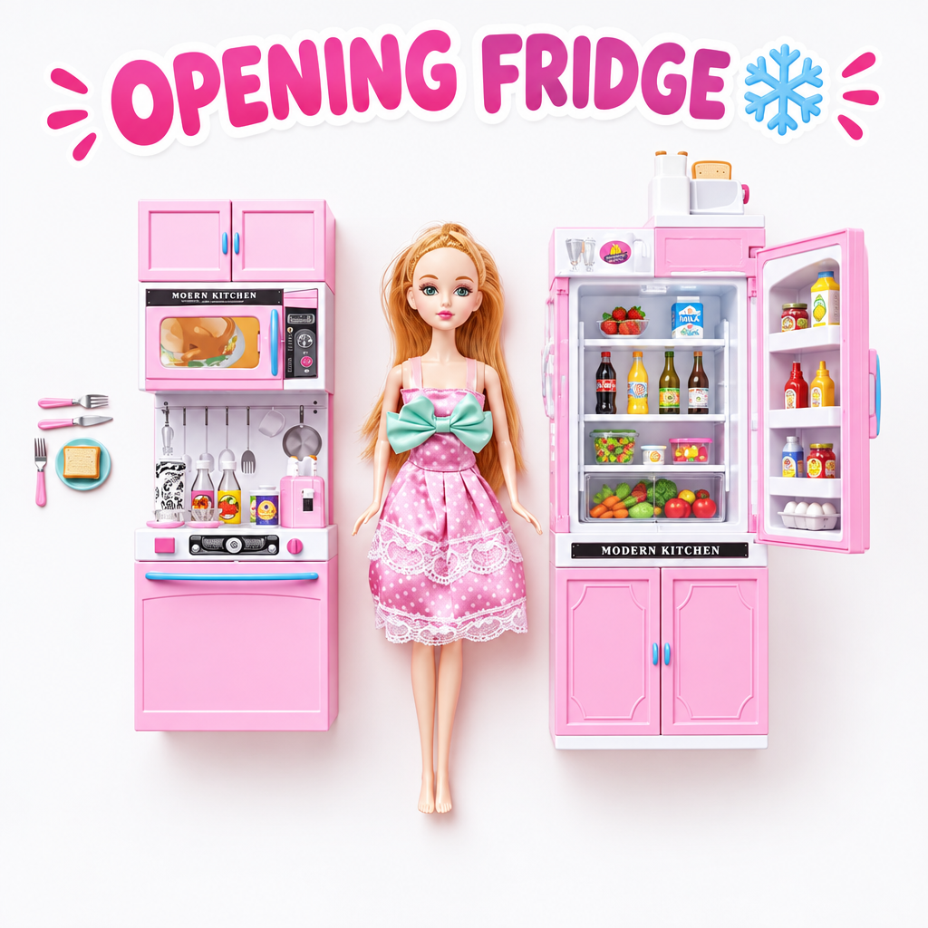 Doll kitchen playset opening fridge