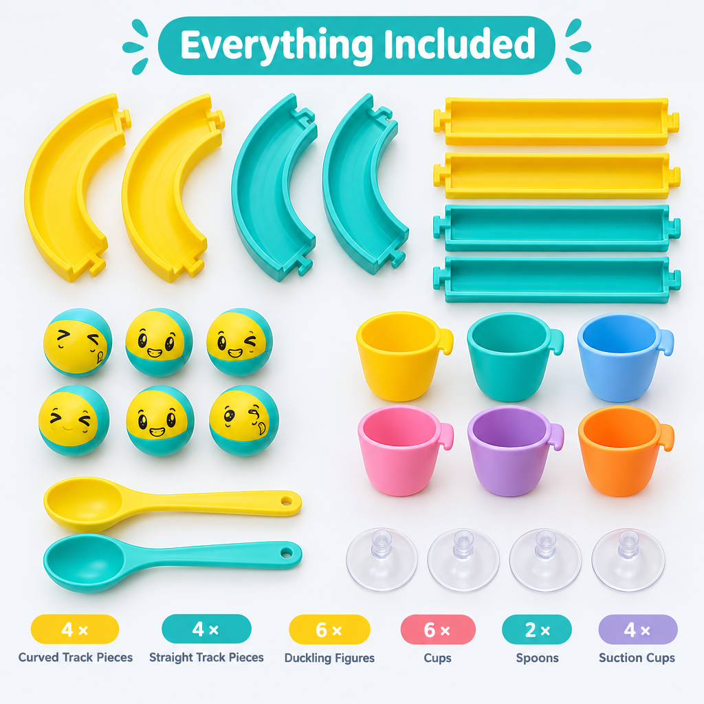 Bath track toy included pieces: ducklings, cups, spoons and suction cups