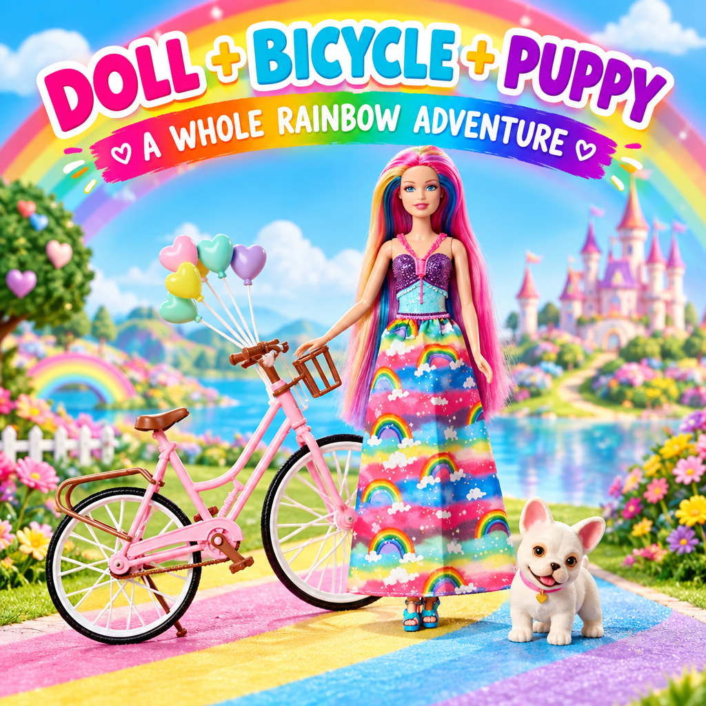 Rainbow Princess doll playset hero with bicycle and puppy