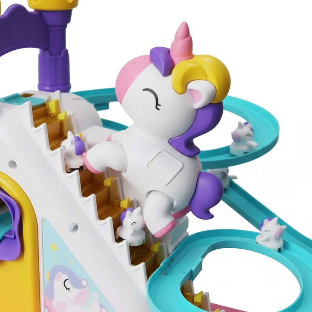 Cute white unicorn figure climbing stairs on colourful track playset close-up