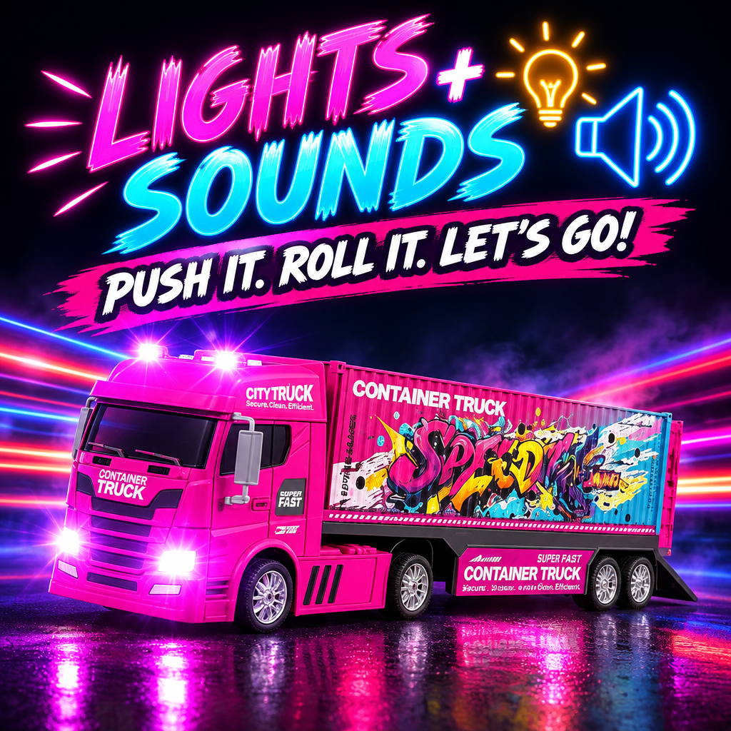 Pink container truck lights and sounds