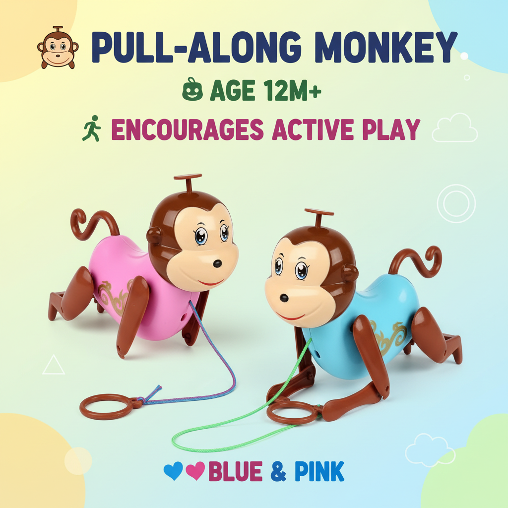 Pull-along monkey toy for age 12 months and over in blue and pink
