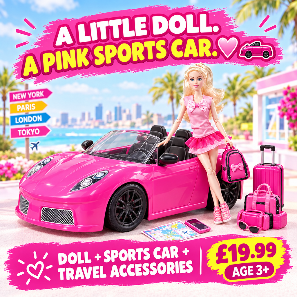 Fashion doll and pink sports car playset hero