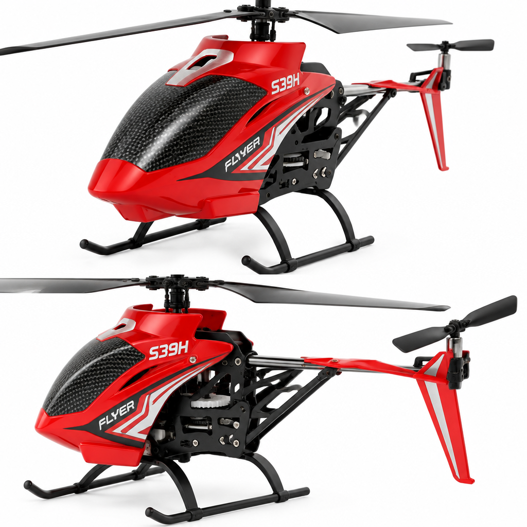 Close-up of red RC helicopter body, rotors and landing skids