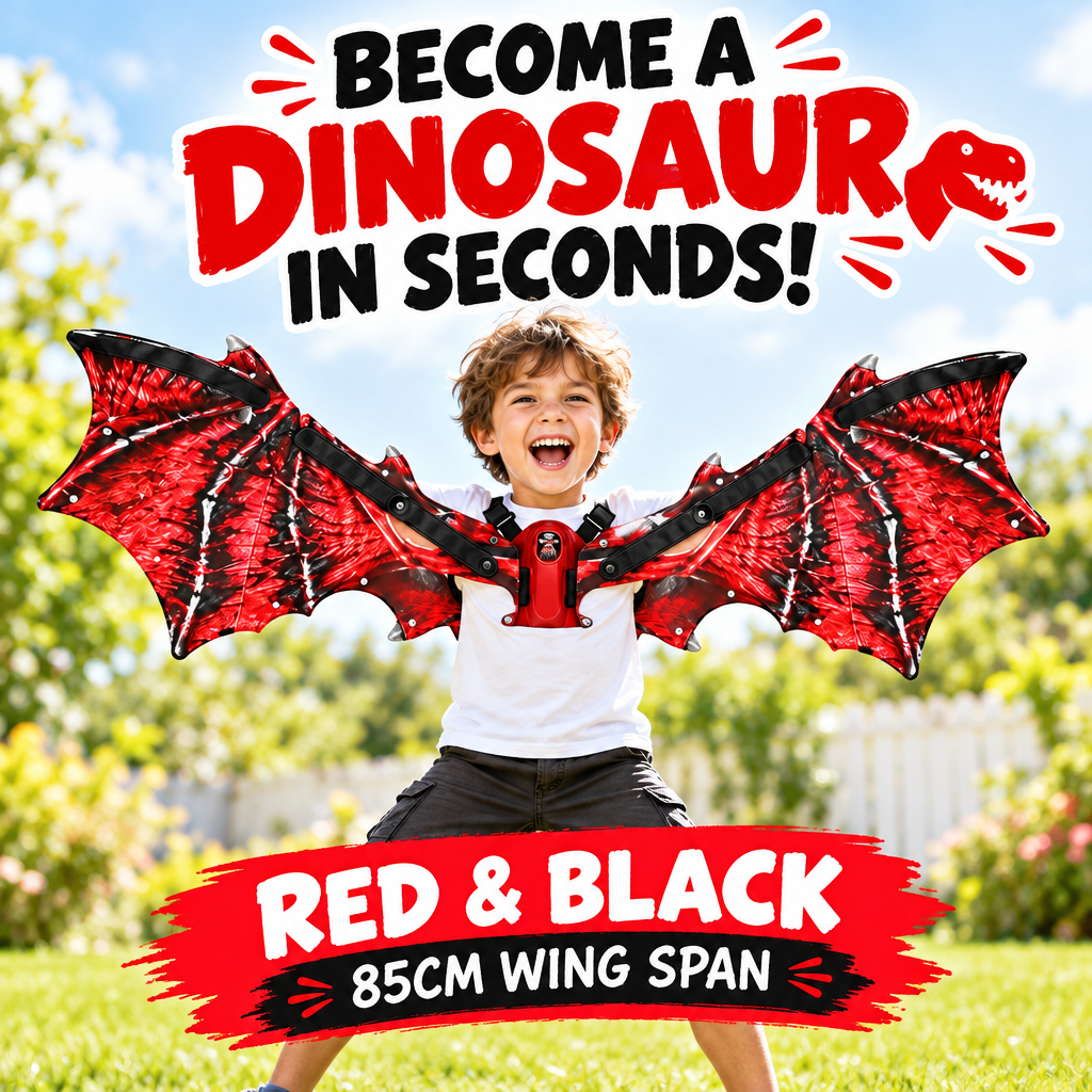 Child wearing red dinosaur wings