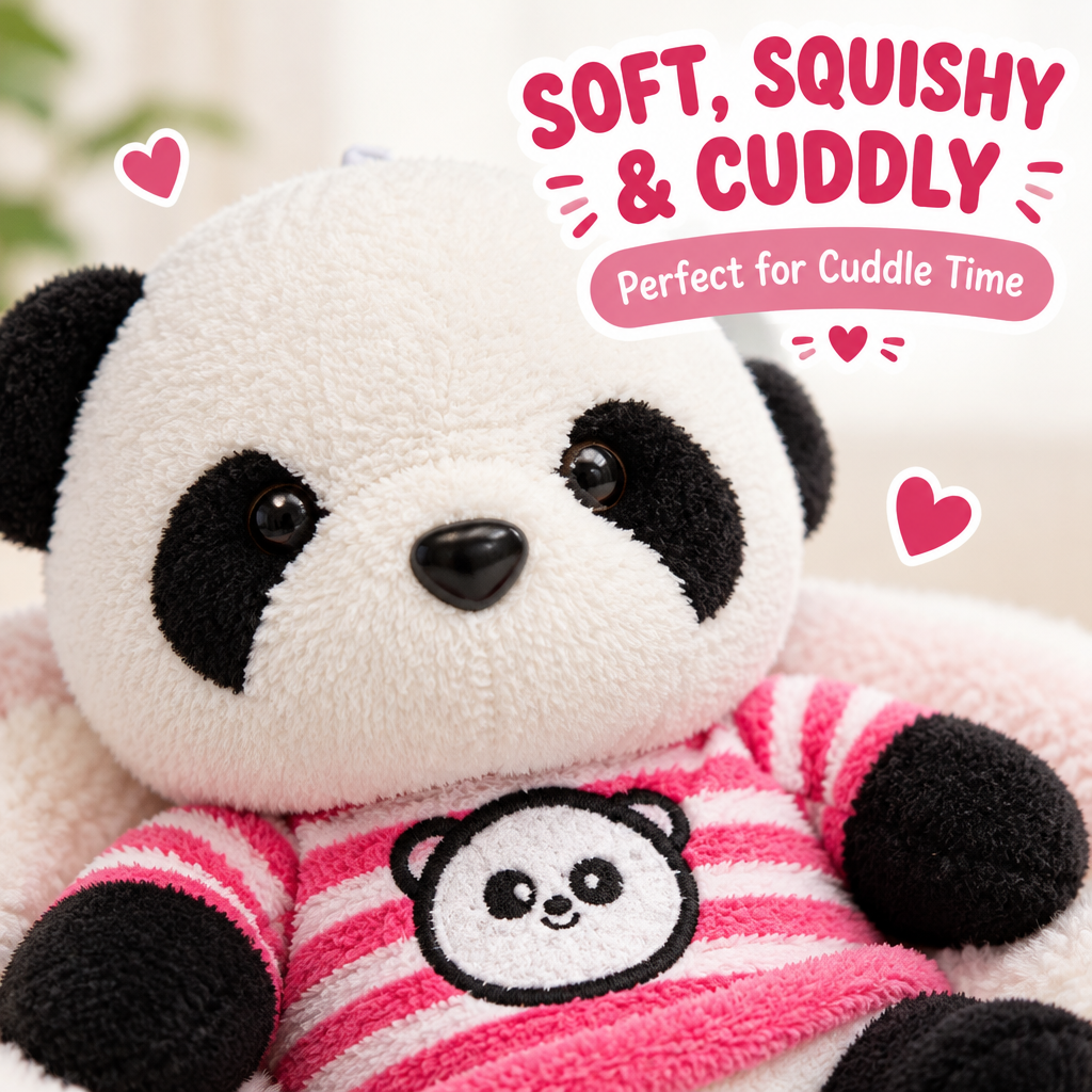 Cute panda plush toy soft fabric texture close-up