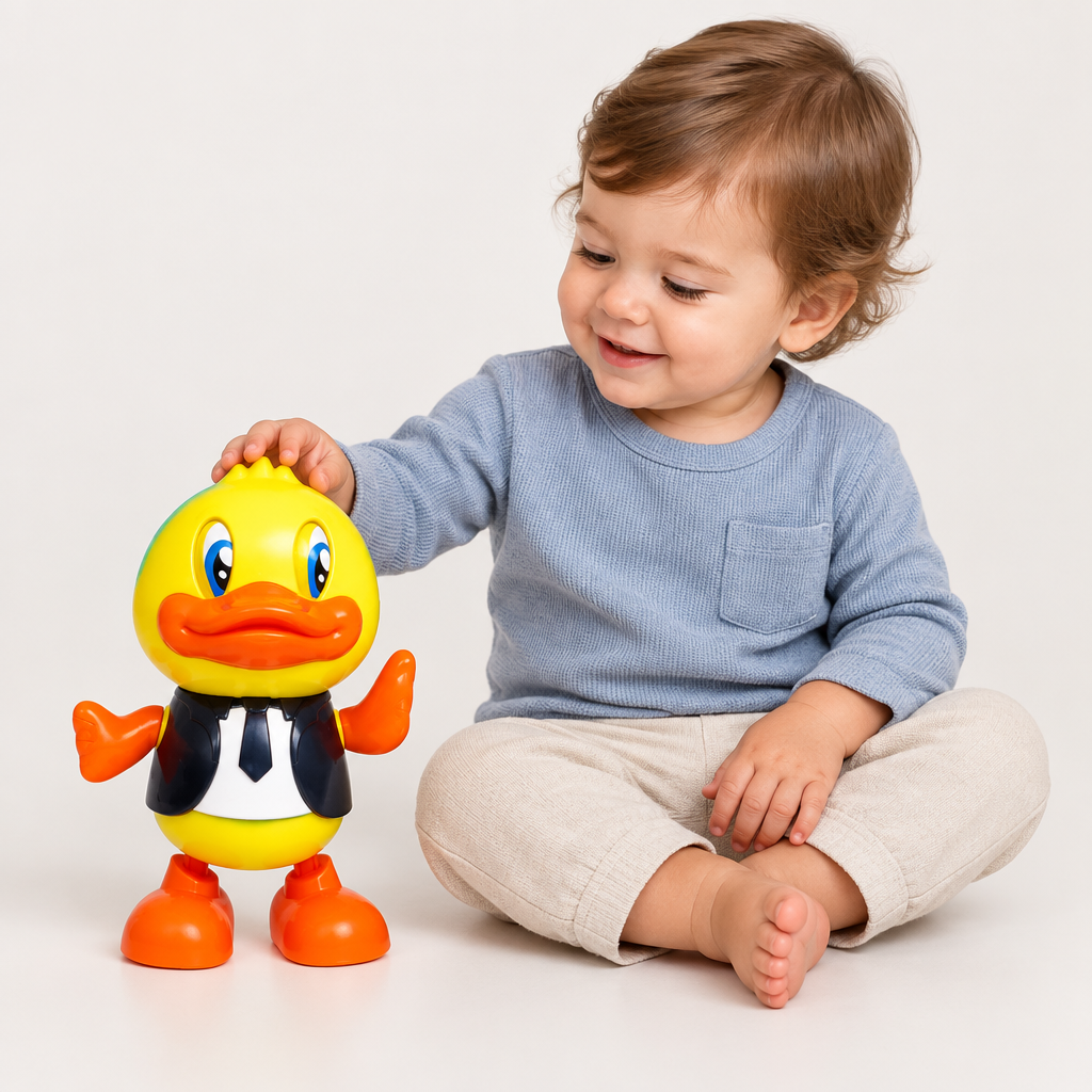 Dancing duck toy size compared next to a child