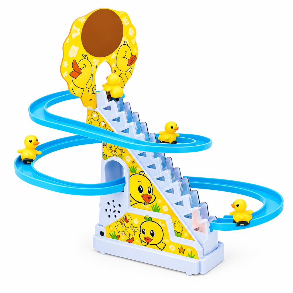 Duck climbing stairs track toy with three ducks on white background