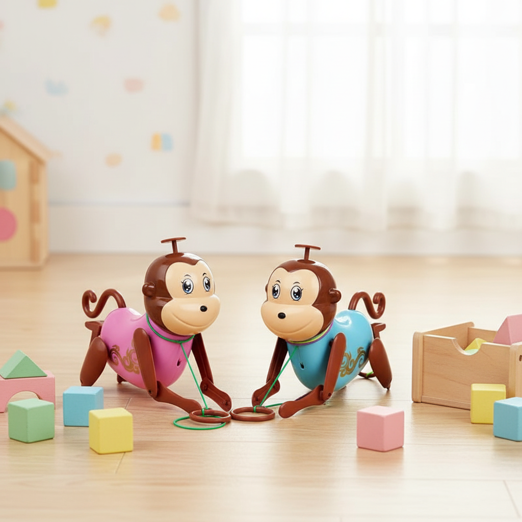 Blue and pink pull-along monkey toys styled in a bright children’s playroom