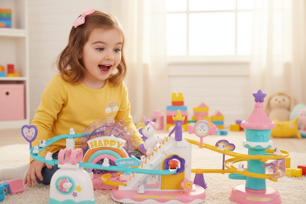 Young girl watching unicorn figures ride down double spiral slide castle toy lifestyle photo