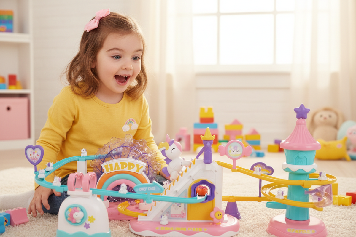 Young girl watching unicorn figures ride down double spiral slide castle toy lifestyle photo
