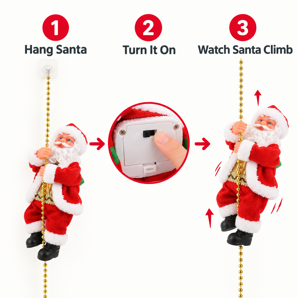 How to use the climbing Santa decoration: hang it, turn it on, watch Santa climb