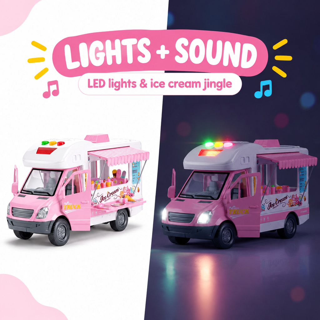 Pink ice cream van toy showing LED lights and ice cream jingle feature