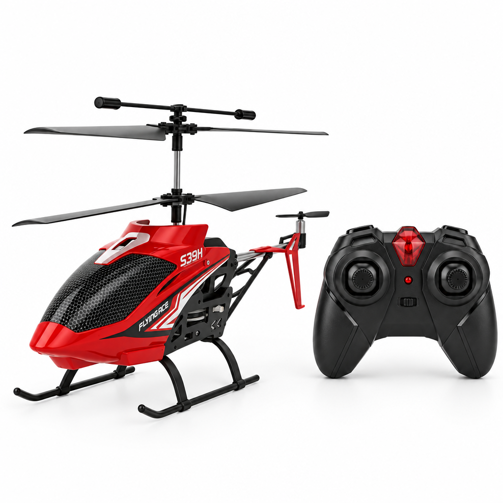 Red toy helicopter and its remote controller