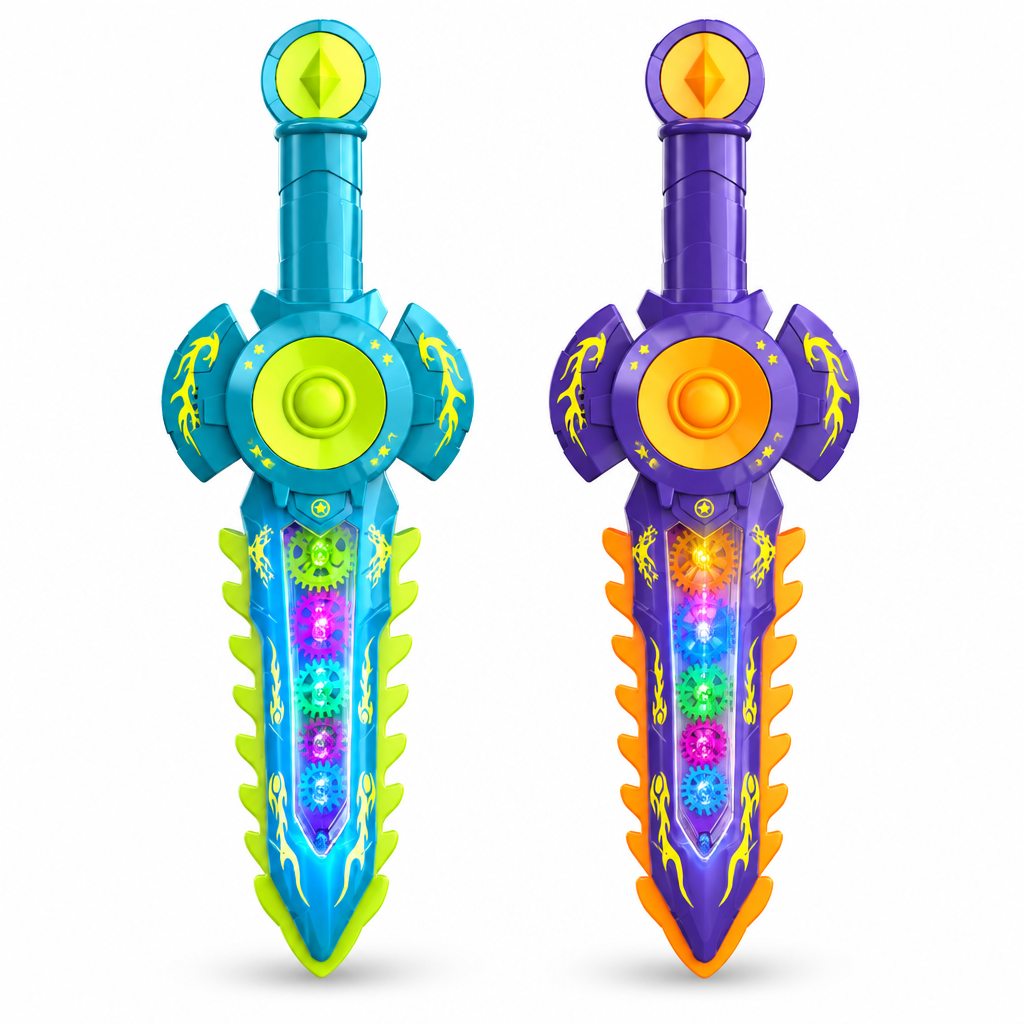 Light-up space sword toy for kids with colourful lights and spinning gears