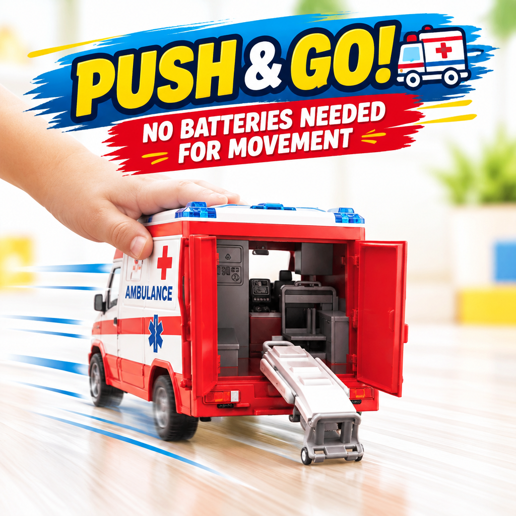 Die-cast ambulance toy friction-powered wheels