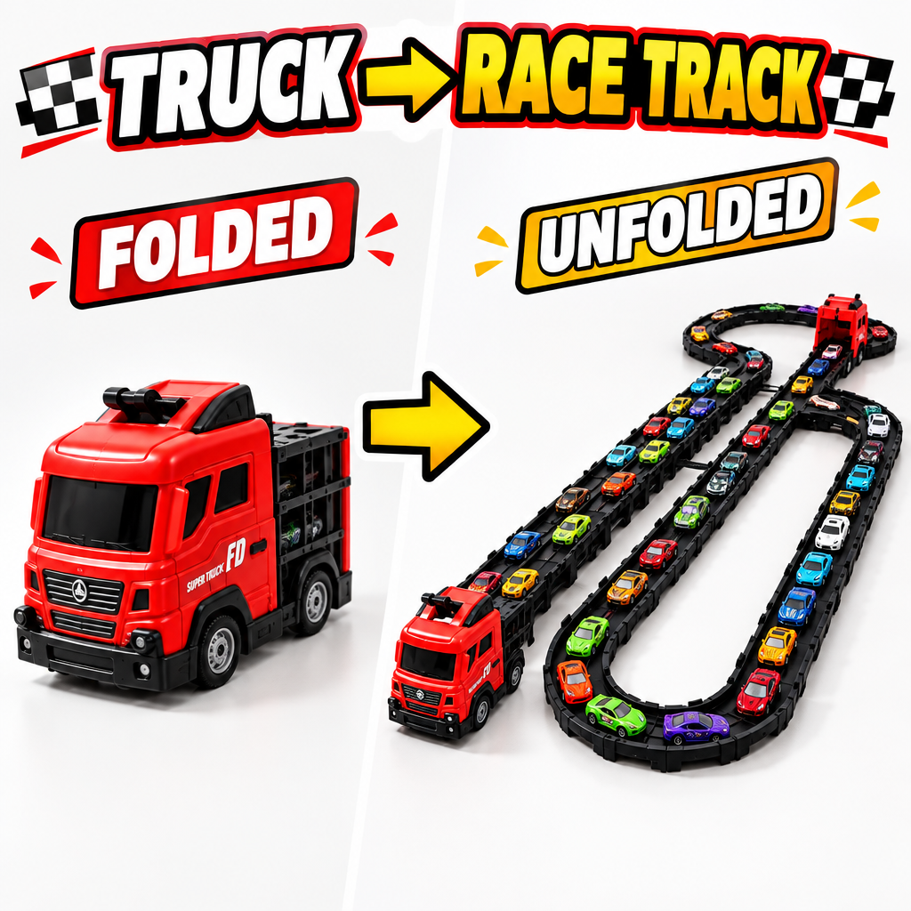 Race track carrier truck folded and unfolded comparison