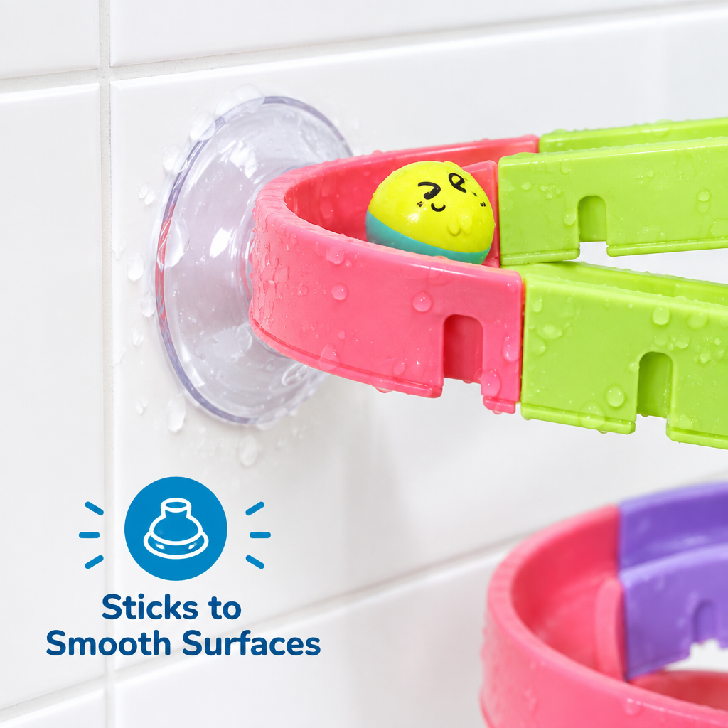 Bath track toy suction cup attached to bathroom tile