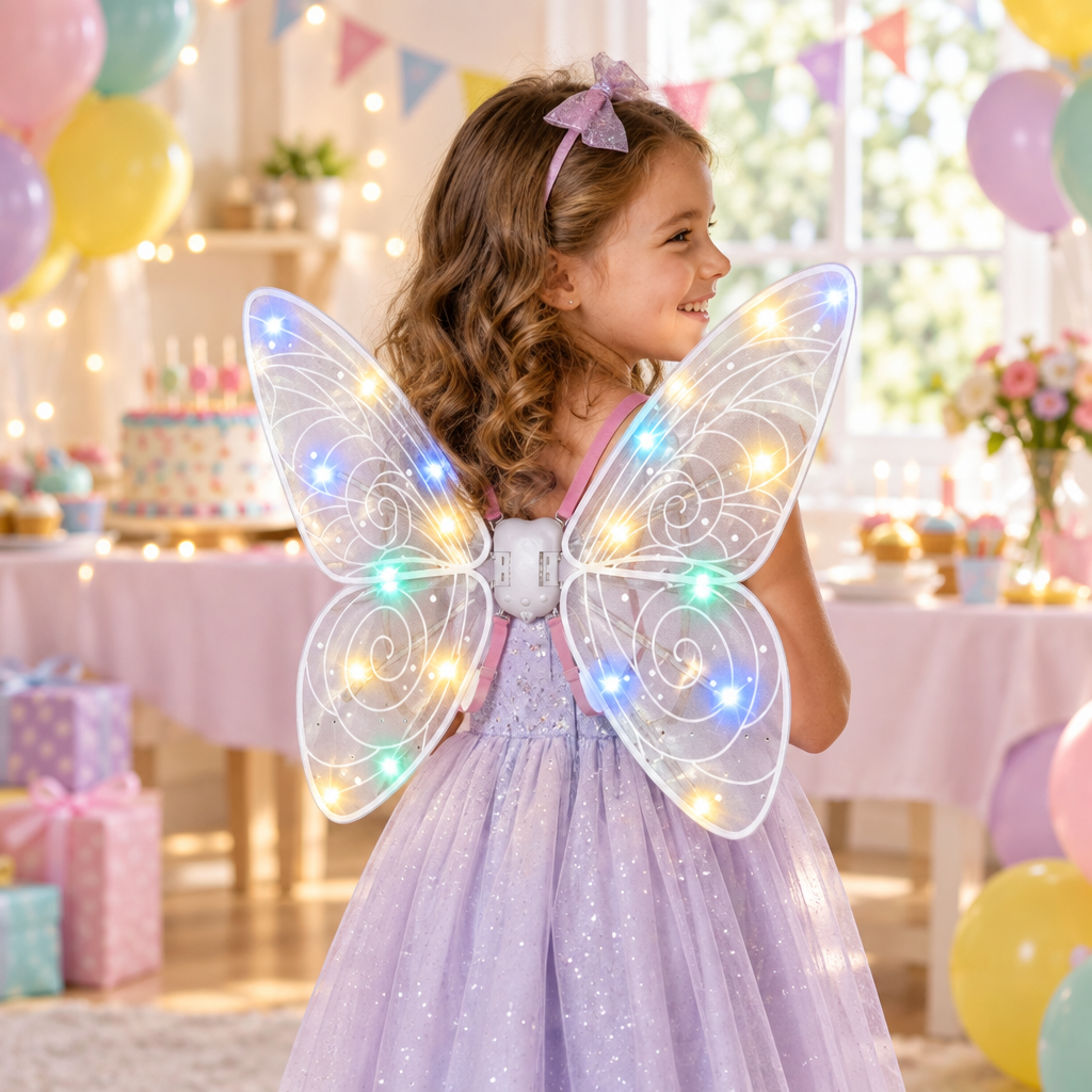 Child wearing light-up butterfly fairy wings with the lights turned on
