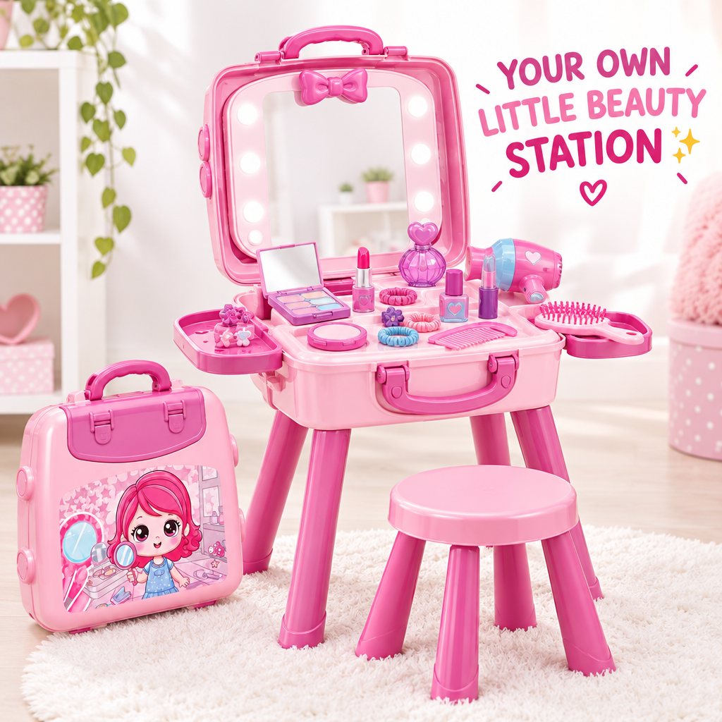 Fully set up mini vanity table with accessories