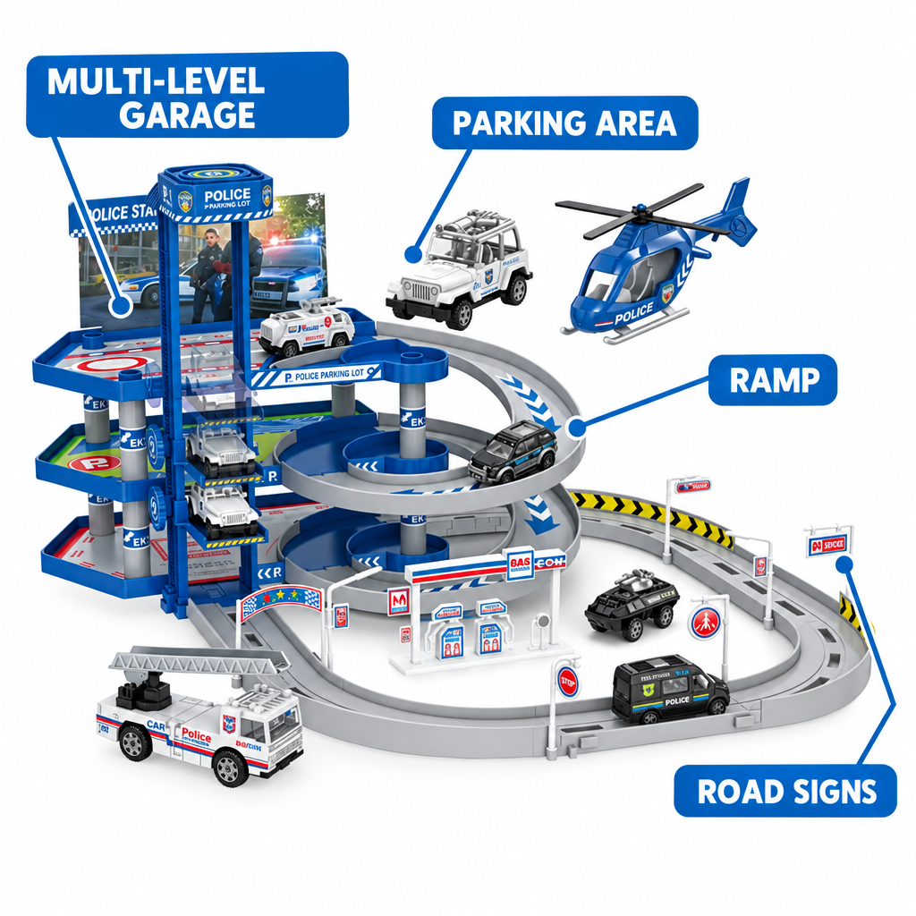 Multi-level police parking garage playset showing parking, ramp and road sign details