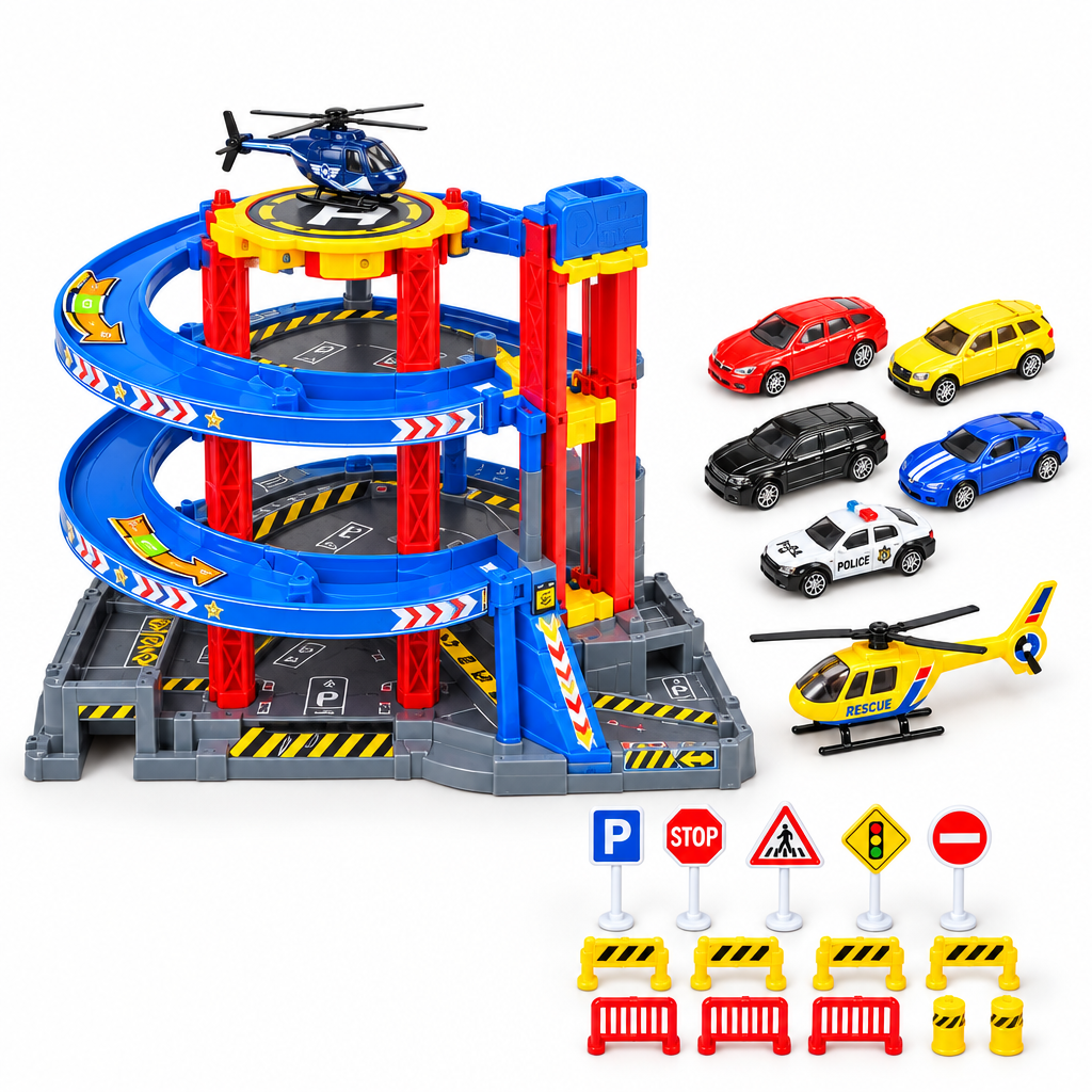 Kids 4-level parking garage playset with 5 cars and helicopter on white background
