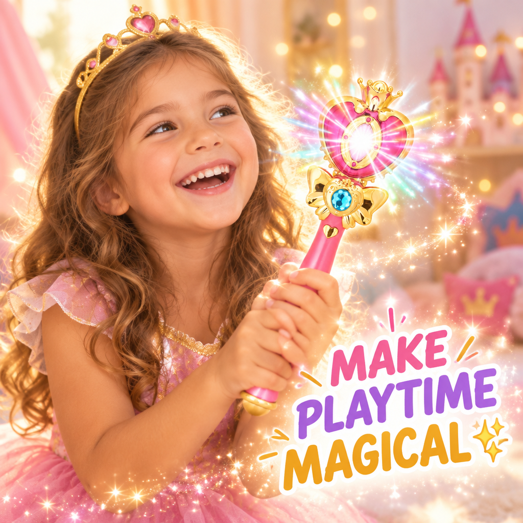 Child holding glowing magical princess fairy wand