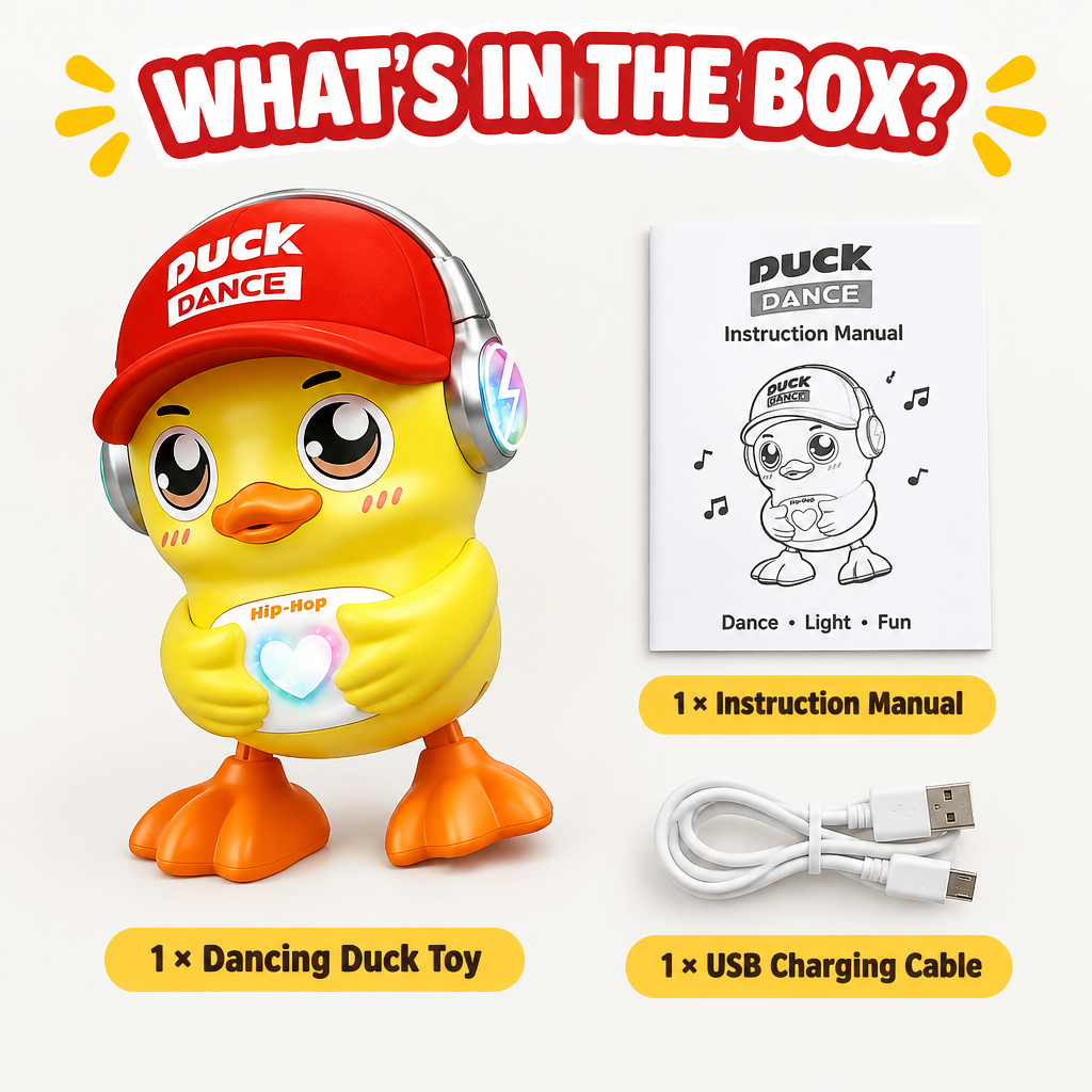 Dancing duck toy and included accessories flat lay