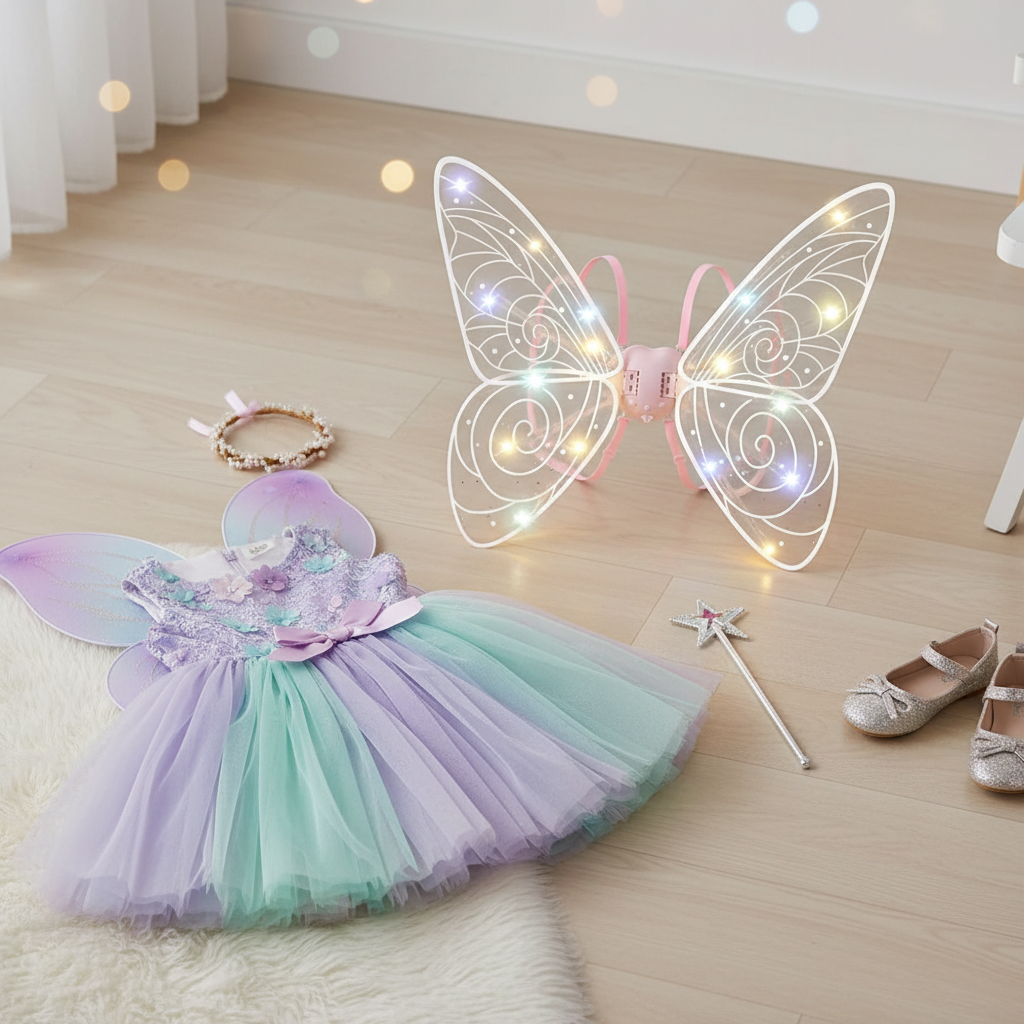 Light-up butterfly wings styled with a child-friendly fairy dress-up outfit