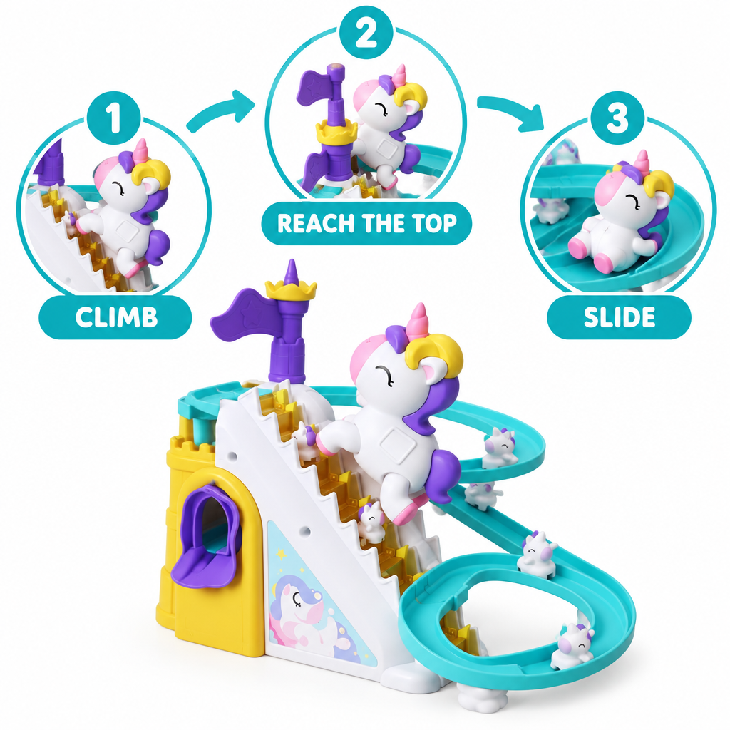 Climb, reach the top, slide - how the unicorn castle slide toy works